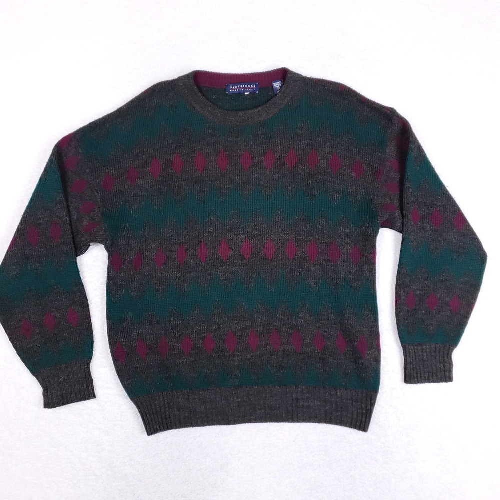 CLAYBROOKE Vintage Sweater Men L Gray Teal Wool Blend Geometric Grandpa Crewneck